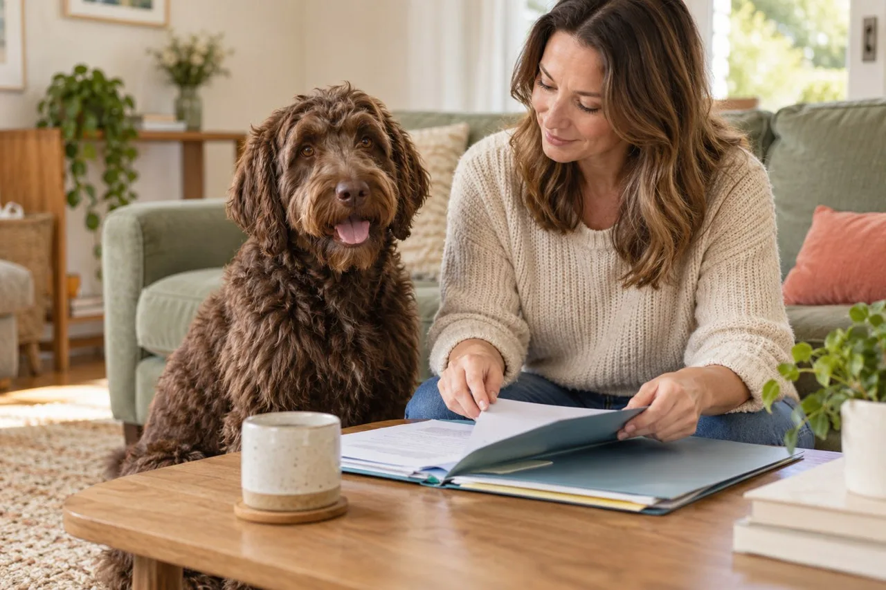 Owner reviewing a veterinary folder beside a curly-coated brown dog